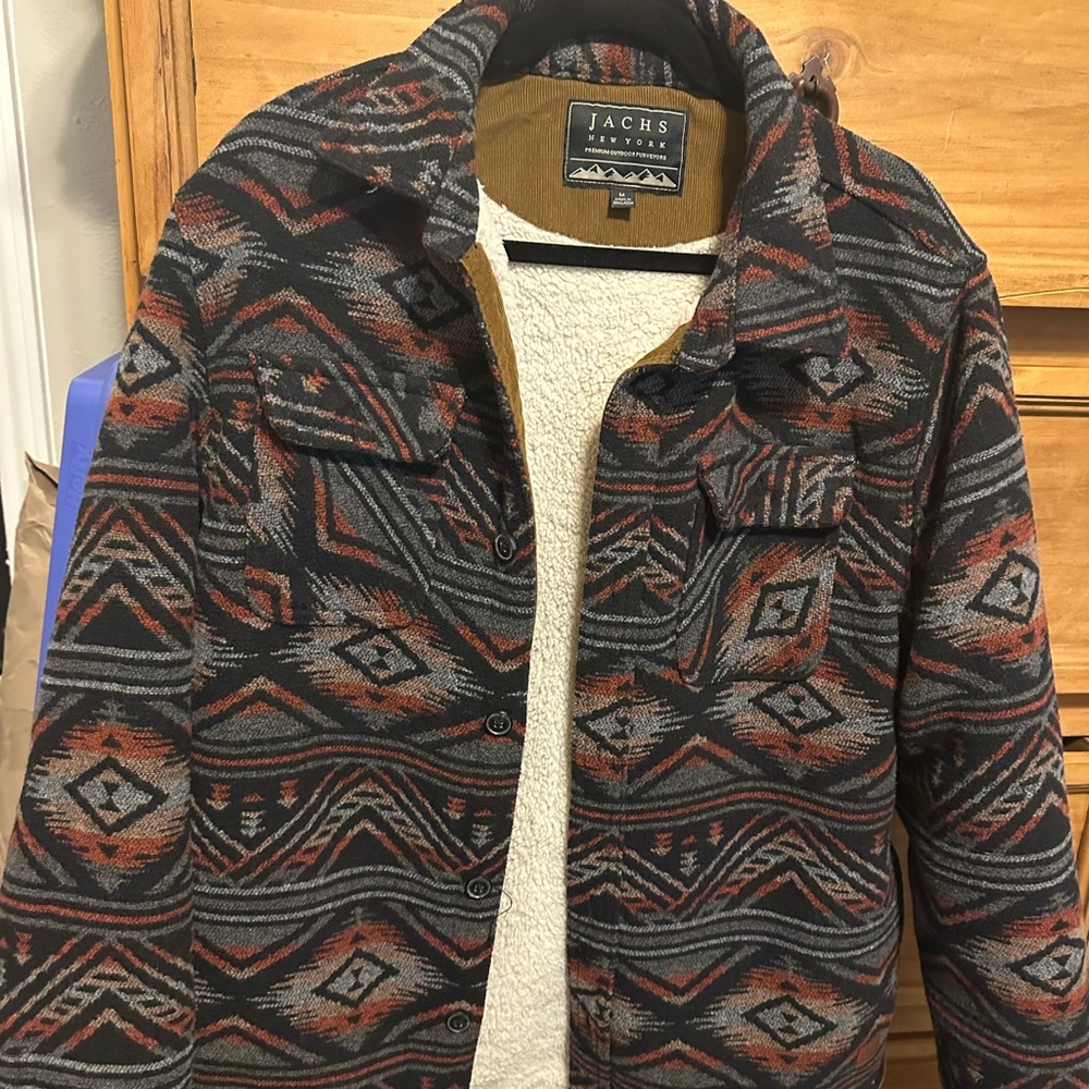 Jachs Southwestern Patterned Sherpa Shirt Jacket in Black & Rust